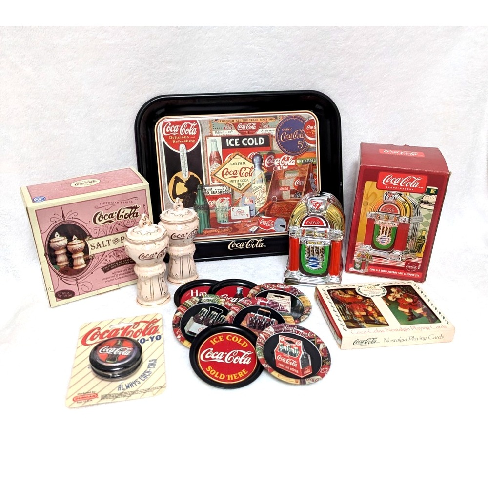 Vintage 90s Coca-Cola Collector Items Lot Shakers Tray Cards Yo-Yo Coasters Coke
